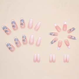 JUSTOTRY Pack of 24 Coffin Nails for Sticking with Butterfly Motif, Milky White Press On Nails Long, Glossy French Coffin Artificial Nails, Ballerina Fingernails, Fake Nails, Long for Women Nails Art