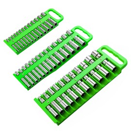 Reniteco Magnetic Socket Organizer Set, 3 Pcs Green Portable Heavy Duty Socket Rail Set: 1/4-Inch x 22 Pallets, 3/8-Inch x 28 Pallets, 1/2-Inch x 26 Pallets, Hold 76 Sockets - Fit Shallow&Deep Sockets