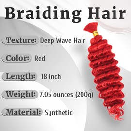 Red Braiding Hair for Boho Braids 200g 18 Inch Curly Boho Hair for Braiding Knotless Loose Deep Water Wave Bulk Bohemian Wet and Wavy 2 Bundles/Pack