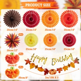 SUNBEAUTY Fall Decorations Orange Party Hanging Paper Fans Fall Thanksgiving Pumpkins Paper Pom poms Maple Leaves banner Happy Birthday Banner for Baby Shower Celebration Fall Harvest Party