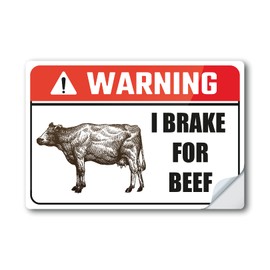 Darknalia | X2 I Brake for Beef Prank Meme Warning Labels | 4.5 x 3 inch | Matte Finish | Grass-Fed Beef Carnivore Diet Edition | V4
