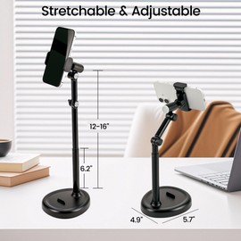 Umbrotiger 360° Rotating Phone & Tablet Stand - Adjustable Aluminum Alloy Holder Compatible with Phones (2.5-3.5") & Tablets (5.5-9.5"), Weighted Base for Video Conference, Dual Device Setup (Black)