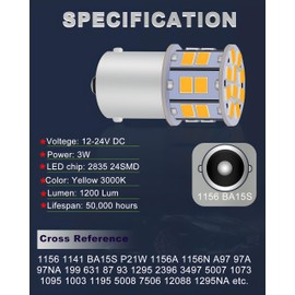 LEDYOTRY 1156 LED Bulb Amber 12V-24V Super Bright 7506 1141 BA15S P21W 1003 LED Bulb for Turn Signal Blinker Lights, Tail Brake Lights, DRL Marker Blinker Parking Lights, Pack of 2