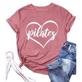 PECHAR Pilates Shirts for Women - Yoga Workout Graphic Heart Tees Sports Lover Tops Pilates Teacher Gifts Blouse T-Shirts Pink