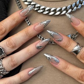 French Tip Press on Nails, 24Pcs Long Almond Press on Nails with Design, 3D Silver French tip press on nails Glue on Nails Tips for Women, Reusable Daily False Nail Kits