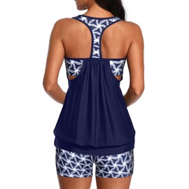 Yonique - Traje de baño tankini de dos piezas con espalda en T y pantalones cortos para mujer, traje de baño deportivo, Azul geométrico, Small