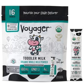 Voyager Toddler Milk On The Go, USDA Organic Shelf Stable Whole Milk Powder, Great for Travel, No Refrigeration, Gluten Free with No GMO's and No Antibiotics for Kids, 16 Sachets of 15g