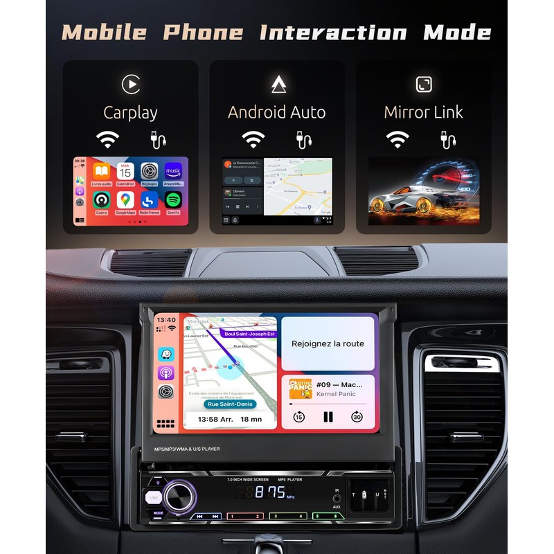Wireless CarPlay Single Din Car Stereo,5.1 Bluetooth Car Radio AM/FM/RDS,7-Inch