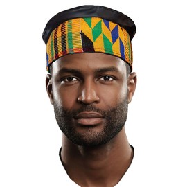 Akwaaba African Hand Woven Kente Kufi Hat with Faux Leather Orange