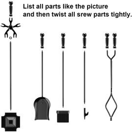 5 PCS Fireplace Tools Set Wrought Iron Fire Place Accessories Tools Holder with Handles Tools for Indoor Fireplace Decor Outdoor Fire Pit Modern Tool Poker Tongs Shovel Brush Wood Stove Hearth Black