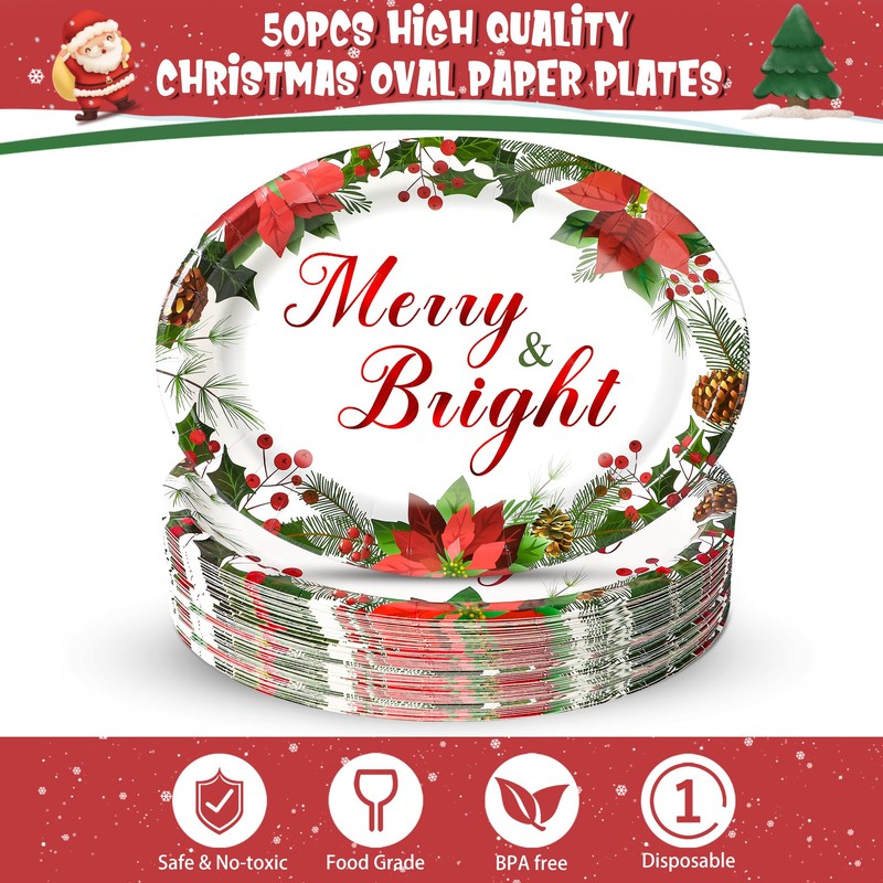Sawowkuya 50 Count Christmas Paper Plates Oval Paper Plates 10"