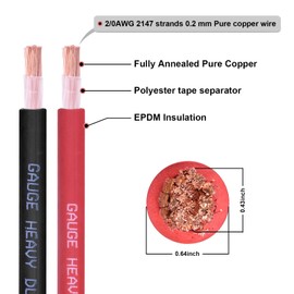 Shirbly 2/0 Gauge Battery Cable, 10FT Red + 10FT Black 2/0 AWG Pure Copper Wire Welding Cable, for Automotive, Battery, Solar and Generator, Standard USA OFC Wire