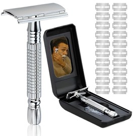 Rastrillos para Afeitar Hombre Clasico, Rastrillo para Navaja de Doble Filo Acero Noxidable con 21 Cuchillas y Caja con Espejo, Rastrillo de Seguridad, Preciso y Limpio