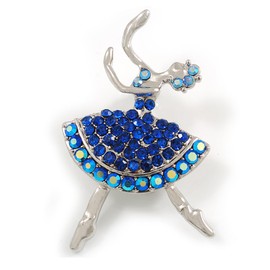Sapphire Blue Crystal Ballerina Brooch in Rhodium Plating - 45mm Tall