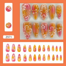 Flower Press on Nails Medium Almond Handmade Fake Nails with 3D Pearl Charms Design Orange Red False Nails Full Cover Artificial Glue on Nails Summer Stick on Nails for Women DIY Manicure 24Pcs