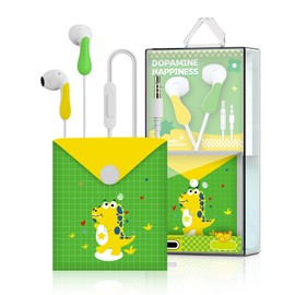 QearFun Dinosaur Style Earbuds for Kids in-Ear Headphones,Wired Heavy Bass Headphones,Earphone with Microphone Noise Isolating,Gifts for School Girls Boys. (Yellow-Green)