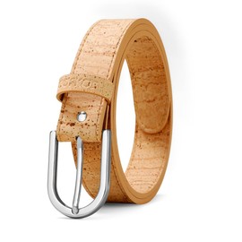 Corkor Women's Cork Belt 1 1/8" – Brown or Black Strap with Silver or Gold Nickel-Free Buckle, Vegan, Lightweight, Light Brown Strap / Silver Buckle, XXL - (Fits waist 43-46")