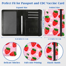 BFDHGQZC Passport and Vaccine Card Holder Cover Combo Passport Holder for Travel PU Leather RFID-blocking Vaccine Card Slot Cover with Elastic Strap &Pen& for Women Men,Pink Strawberry