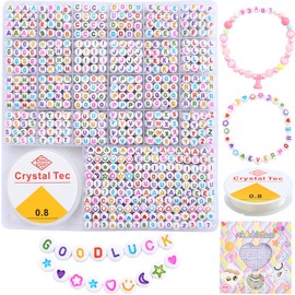 nikkiGuo 1250 PCS Letter Beads Kit with Elastic Cord – Alphabet A–Z, Numbers, Heart, Moon, Star, Smiley Beads for Friendship Bracelets & DIY Jewelry (White Beats & Colorful Letters)