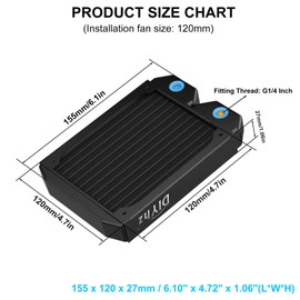 DIYhz Water Cooling Computer Radiator, 12 Pipe Thick Copper Heat Exchanger Liquid Cooling Radiator G1/4 Thread Heat Row Sink 120mm for CPU PC Laser Water Cool System DC12V Black