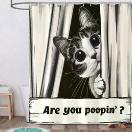 Yeoiat Funny Cat Shower Curtain, are You Poopin' Curious Kitty Whimsical Joke Humor Themed, Shower Curtain Set with 12 Hooks for Bathroom Decor (Black, 72"x72")