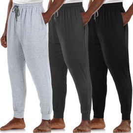 Casuallined 3 Pack Mens Cotton Sleepwear Pajamas Pants with Pockets, Soft Drawstring Lounge Bottoms Pjs for Men(Large,Black, Dark Gray, Floral Gray)