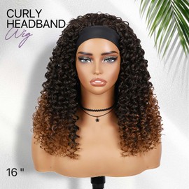 FANCEE Fancy Hair 16 Inch Kinky Curly Headband Wig for Black Women Glueless Synthetic Half Wig with Headband None Human Hair (Ombre Brown)