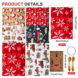 6 Sheets Christmas Wrapping Paper Set Large 70x50cm Recycled Kraft Xmas Wrapping Paper Sheets, Brown Gift Wrapping Paper for Christmas Kids Adult Presents Gifts Crafts Wrapping Paper with Rope Tags
