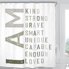 Miyotaa I AM Motivational Shower Curtain Set 60Wx71H Inches Inspirational Positive Quotes Polyester Waterproof Cloth Bathroom Curtain with 12 Hooks