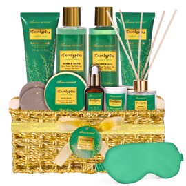 Cestas de regalo para mujeres, regalos de spa para mujeres, kit de spa casero de eucalipto de 13 piezas con sales corporales, baño de burbujas,
