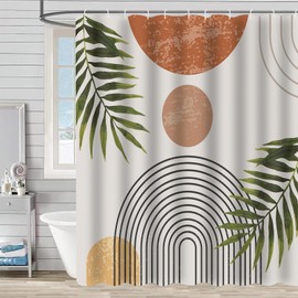 FAIRYGATE Bathroom Curtains Shower Curtain Boho Modern Abstract Art Boho Style Leaves Sun Line Beige Brown Washable Shower Curtains Textile Waterproof Shower Curtain for Bathtub B9231