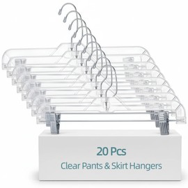 20 Pcs Clear Plastic Pant Hangers with Clips - 14" Skirt Hangers for Women with Adjustable Clips & 360° Swivel Hook, Slim Transparent Closet Clothes Organizers