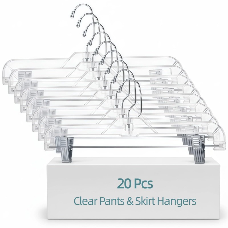 20 Pcs Clear Plastic Pant Hangers with Clips - 14"