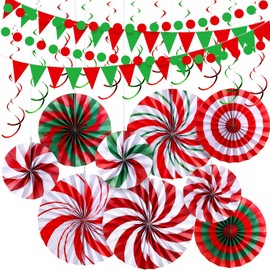 Outus 25 Pcs Christmas Party Decorations Supplies Merry Christmas Party Banner Red Green White Christmas Paper Fans Flower Pom Poms Hanging Swirls Pennant Circle Dots Garland for Xmas Birthday Decor