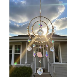 Crystals Sun Catcher, Colorful Crystal Balls & Rose Quartz Healing Stones Golden Rings suncatchers for Windows Wall Hanging Decor Home Decor Gifts