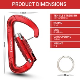 Lorsum Auto Locking Carabiner Clips Heavy Duty, 12KN /1227kg Lightweight (1.0oz), Sturdy Twist Lock Caribeeners for Camping Hiking Hammock Swing Backpack, Dog Leash and Harness etc, 2 Pack Red