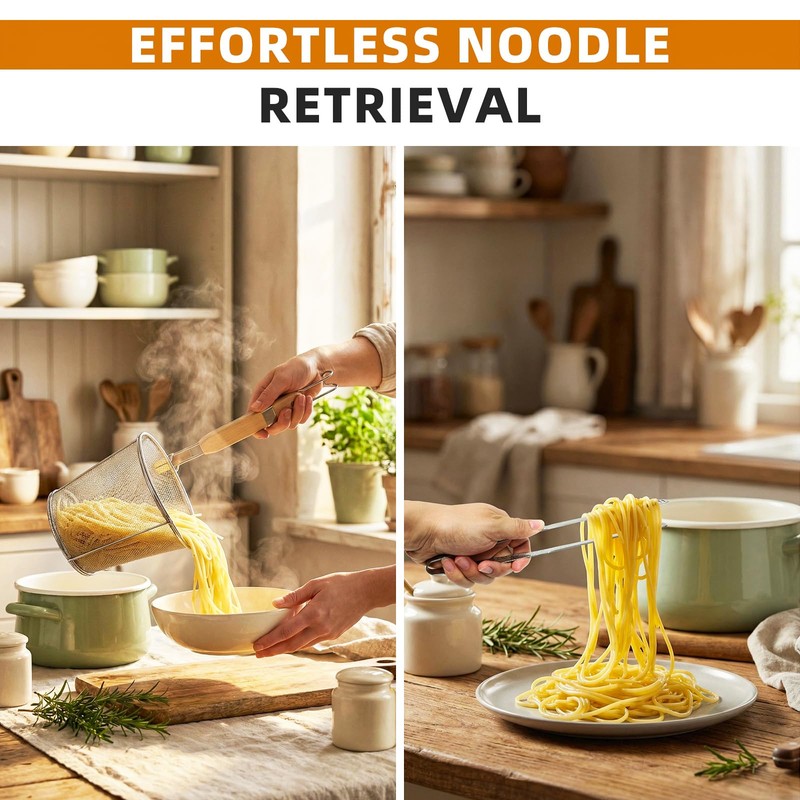 2 Pack Pasta Strainer Baskets with Wooden Handles & Cooking