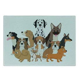 Lunarable Dalmatian Cutting Board, Dogs Gang Posing Funny Best Friends Bulldog Beagle Labrador Terrier Illustration, Decorative Tempered Glass Cutting and Serving Board, Small Size, Multicolor