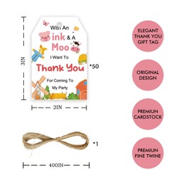 50pcs Barnyard Animal Thank You Tags, Farm Animals Gift Tag with String for Baby Shower Party, Pig/Cow Thank You Paper Tags for Farm Party Favors