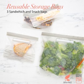 Kitchen Details 6 Piece Set Reusable Bags | 3 Sandwich and 3 Snack Sized | Airtight Zipper Seal | Leak Proof | BPA Free | Food Safe Material | Food Storage | Freezer Safe | Grey