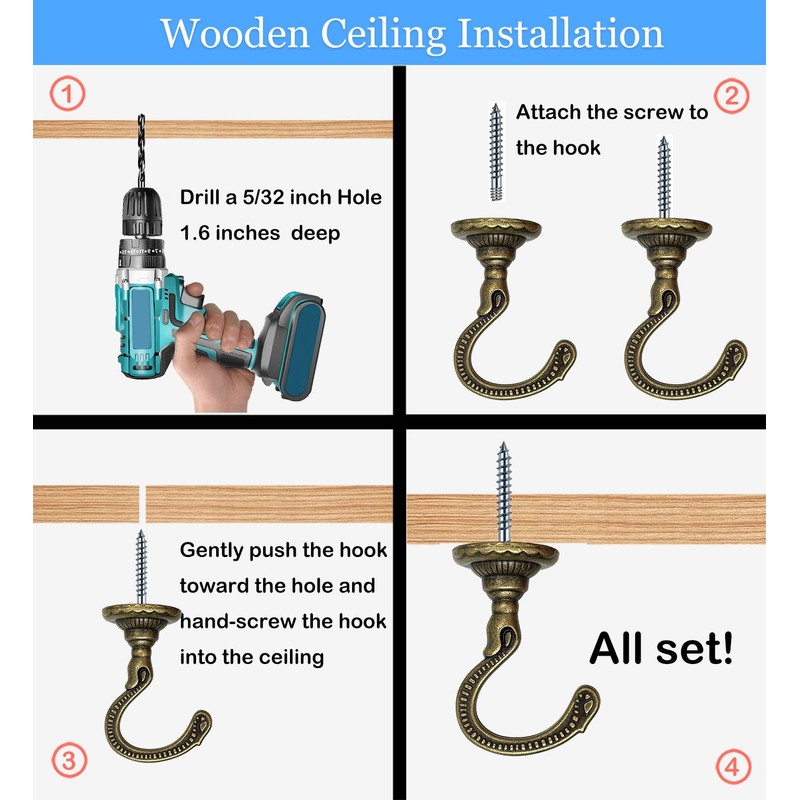 Evsteluo 4 Sets Large Swag Ceiling Heavy-Duty Hooks with Complete