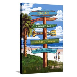 ART.COM Stretched Canvas Print Kauai, Hawaii - Destination Signpost by Lantern Press, 12" x 18"