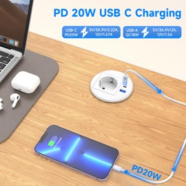 Built-in Socket with USB C PD 20 W, Ohuo Retractable Socket with 2 USB Power Strips, Desk, White