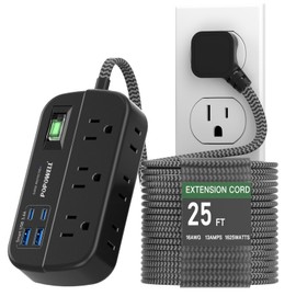 25 FT Flat Extension Cord, Power Strip with Surge Protection- 6 Widely Outlets 4 USB Ports, Flat Plug, Wall Mount Outlet Extender, 1080J Multiple Outlets for Indoor Home Office, Dorm Room Essentials