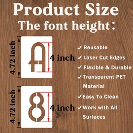 YEAJON 4 Inch Letter Stencils and Numbers, 42 Pcs Alphabet Drawing Stencils, Reusable Plastic Craft Templates for Painting on Wood, Wall, Fabric, Rock, Signage