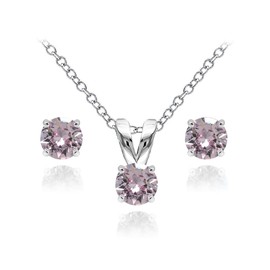 B. BRILLIANT Sterling Silver Solitaire Pink European Crystals Necklace & Stud Earrings Jewelry Set for Women