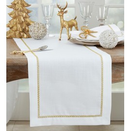 Fennco Styles Embroidered Metallic Border Table Runner 16" W x 72" L - Gold Table Cover for Home Décor, Everyday Use, Christmas, Banquets and Special Events