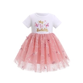 FYMNSI Baby Girls 1st First Birthday Outfit Butterfly Tulle Tutu Princess Dress Toddlers Kids One Year Old Party Photo Shoot Spring Summer Casual Cotton Short Sleeve Dresses Dusty Pink 12-18 Months