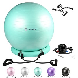 NEUMEE Exercise Ball Chair with Resistance Bands, Yoga Ball Office Chair with Stability Base for Home Gym, Workout Ball for Fitness, Large Size 65 cm (Teal)