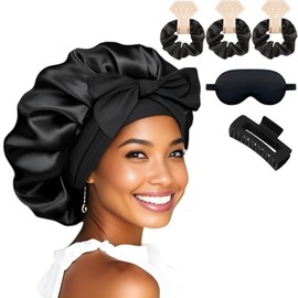 Bonnet for Sleeping Women Satin Double Layer Scrunchies For Thick Hair Sleep Mask Square Claw Clips Satin Silk Hair Bonnet for Sleeping （black）